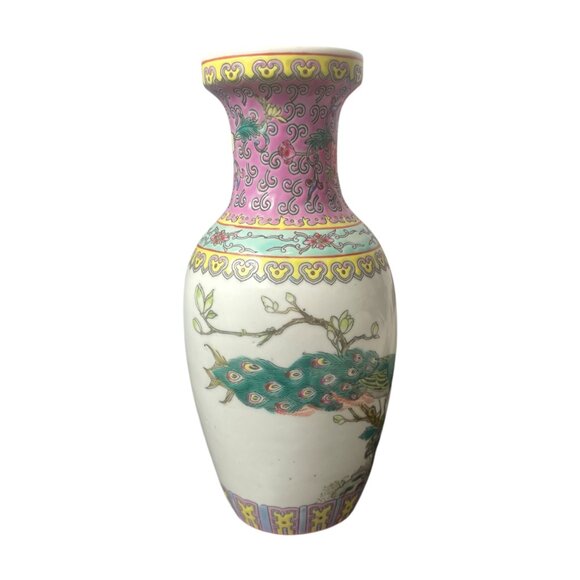 Vintage Chinese Porcelain Vase with Floral and Peacock Design - Picture 2 of 7
